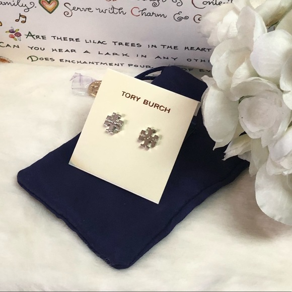NEW TORY BURCH RHODIUM SILVER PLATED LOGO EARRINGS - Picture 2 of 7